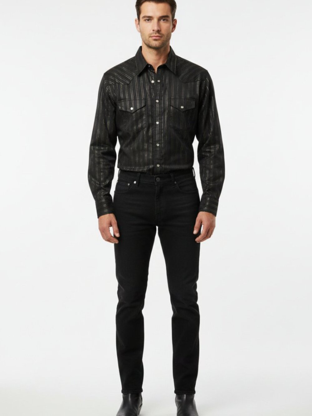 Gibson Trading Co Western Pearl Snap Shirt Mens XL Black Metallic Gold Stripe
